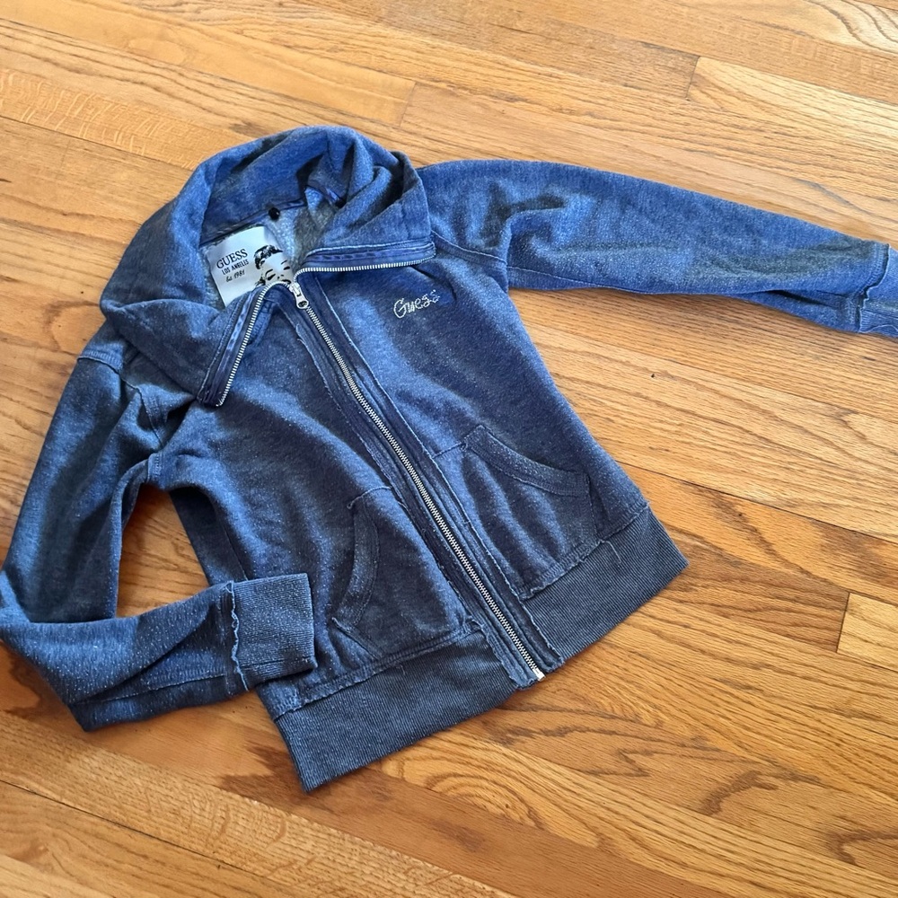 Guess - Women’s (L) Vintage Y2K Grey Blue Zip Up Sweater with Rhinestone Logo